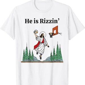He Is Rizzin Funny Kids Easter Jesus Basketball Meme Graphic Statement Shirt 159